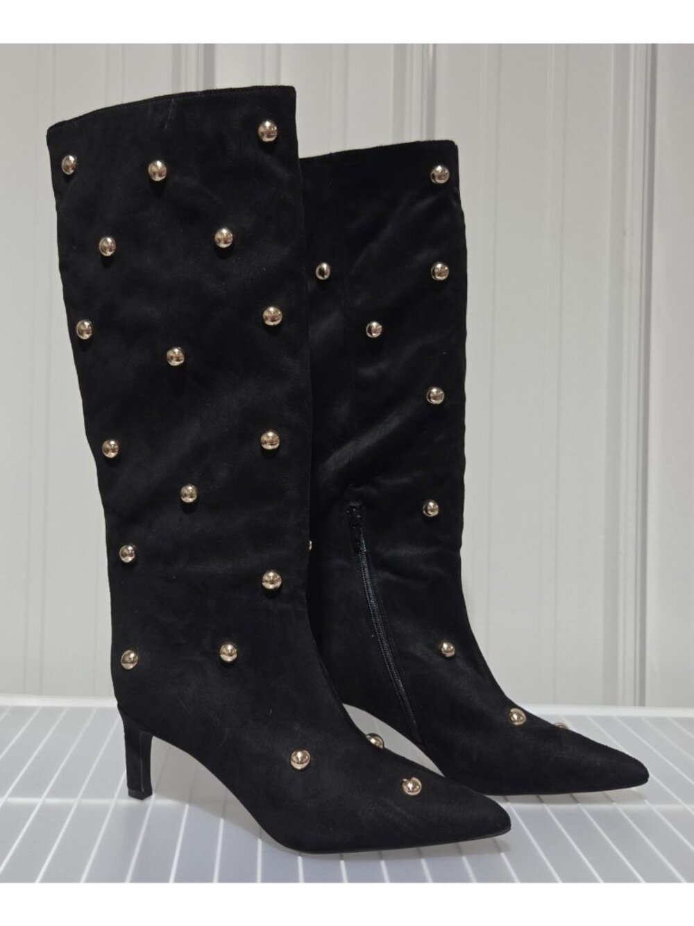 A New Day Justice Black Faux Suede & Gold Stud Accents Mid Calf Boots -- Size 8